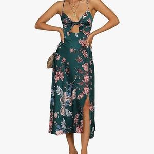 Fashionme Women Spaghetti Strap Midi Satin Dress. Tie Front. Dark green w/ multi